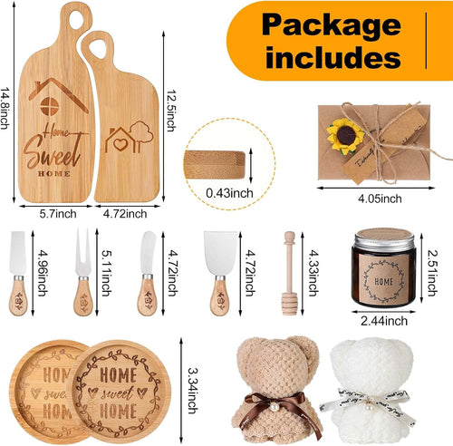 14 Pcs House Warming Gifts Home Housewarming Gifts for New House Include Bamboo Serving Board Knife Set Coaster Scented Candle Towel Greeting Card Sticker Stirring Rod for Couple Women Men