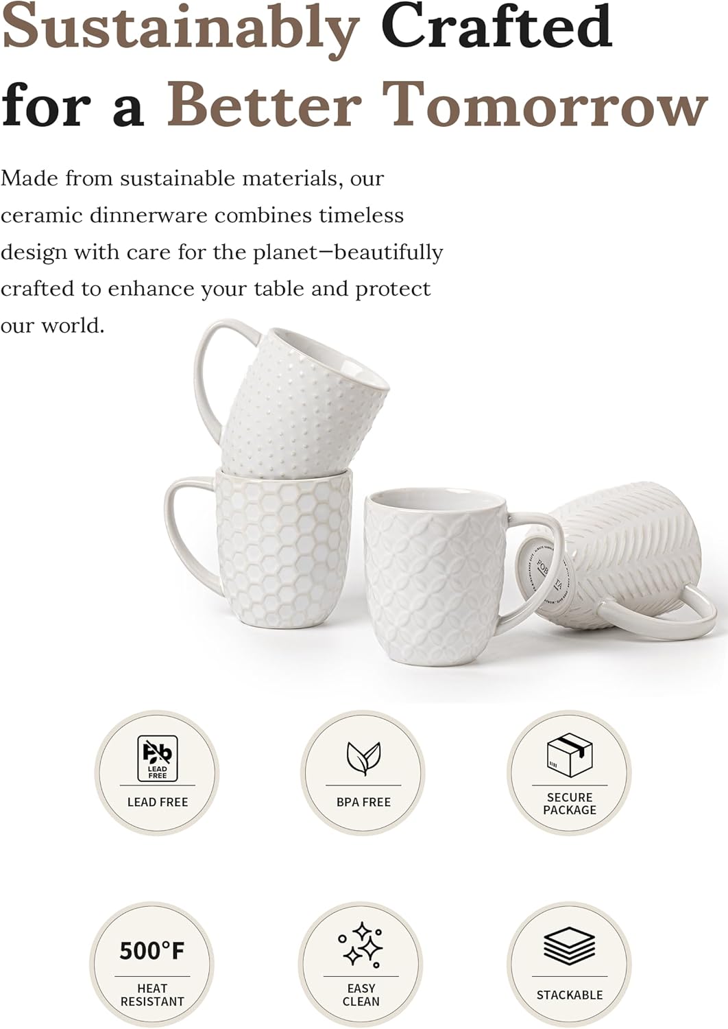 Coffee Mugs Set of 4, 12Oz Ceramic Mug Set with Embossment, Stackable Mugs for Coffee/Tea/Latte/Cappuccino, Microwave & Dishwasher Safe, Gift for Men & Women