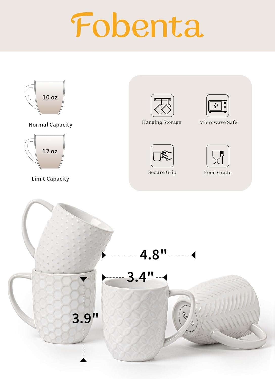 Coffee Mugs Set of 4, 12Oz Ceramic Mug Set with Embossment, Stackable Mugs for Coffee/Tea/Latte/Cappuccino, Microwave & Dishwasher Safe, Gift for Men & Women