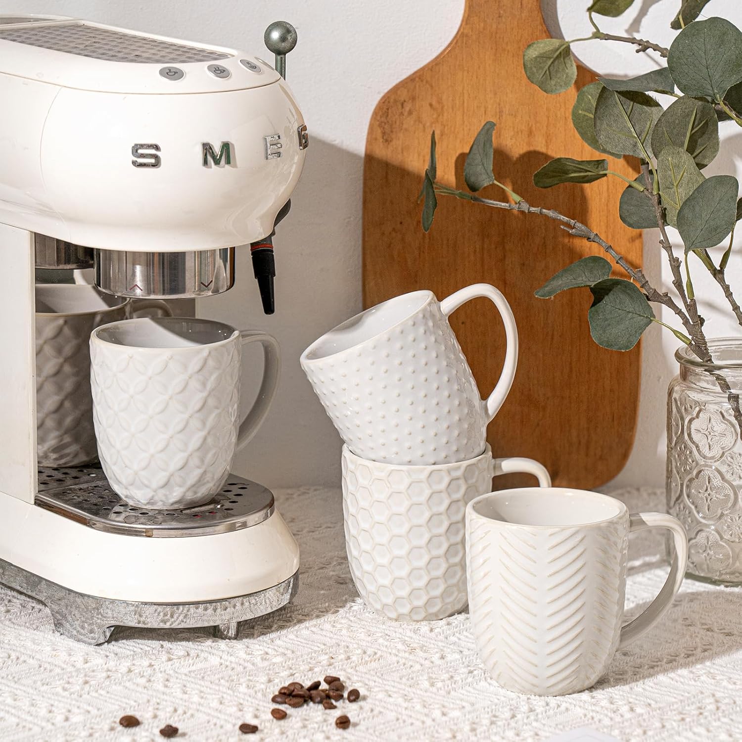 Coffee Mugs Set of 4, 12Oz Ceramic Mug Set with Embossment, Stackable Mugs for Coffee/Tea/Latte/Cappuccino, Microwave & Dishwasher Safe, Gift for Men & Women