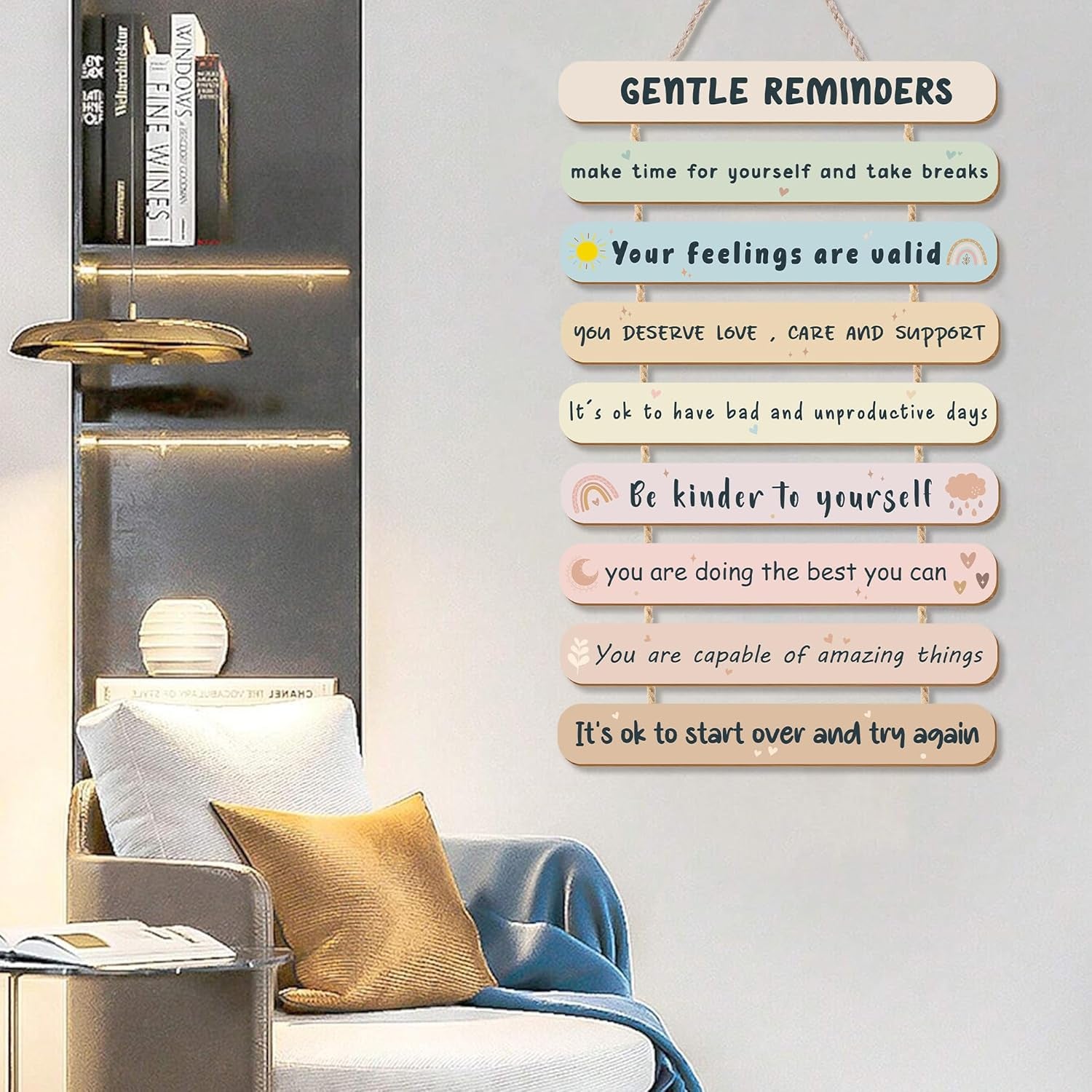 Mental Health Reminders Wall Art Decor Positive Affirmations Psychology Inspiring Feelings Wall Pediments for Social Worker Office Classroom School Wooden Hanging Wall Decor(Gentle Color)